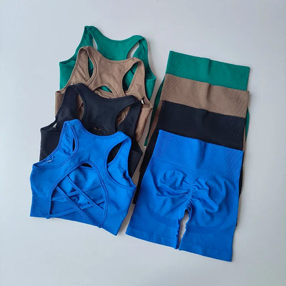 2-Piece Women’s Seamless Yoga Set – Sexy Sport Bra & High-Waist Shorts, Sleeveless Gym Fitness Workout Sportswear