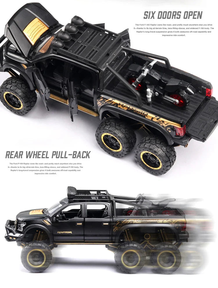 1:24 Diecast F150 Raptor Pickup Truck — Metal Model Car with Sound & Light for Kids Age 3+, Blue