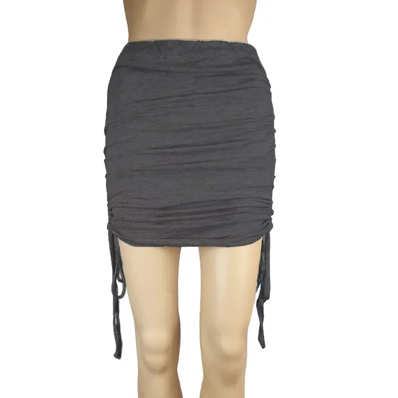 Women’s Adjustable Elastic Knitted Mini Skirt – Sexy Slim Fit Pleated Bodycon Skirt with Drawstring, Spring & Autumn Fashion