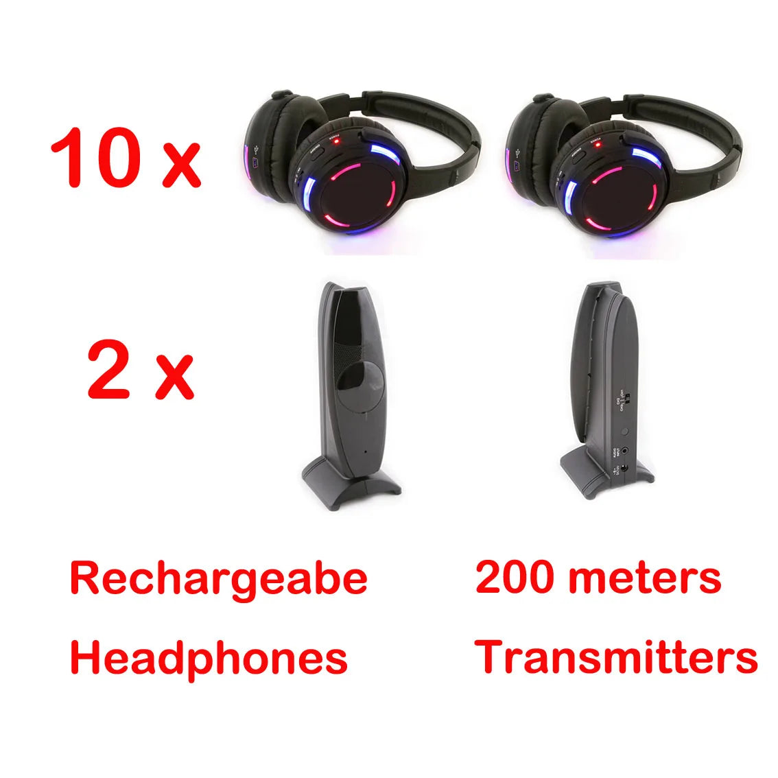 Silent Disco LED Headphones 10-Pack with 200m RF Wireless Transmitter – Party, DJ, Wedding, Club