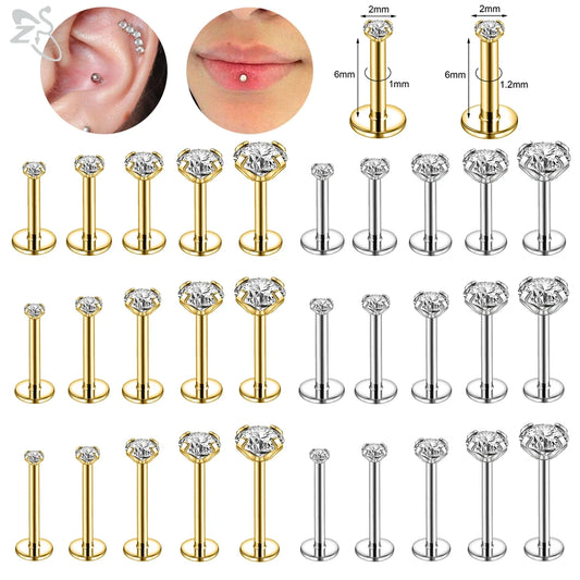 AOEDEJ 10PCS Gold Stainless Steel Labret Lip Studs – 16/18G CZ Crystal Helix, Cartilage & Tragus Piercings (2–6mm)