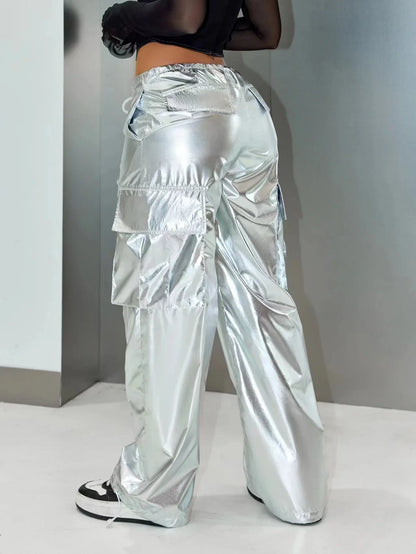Y2K Street Style Wide Leg Cargo Pants – Silver Metallic Flap Pocket Drawstring Waist Parachute Festival Outfit