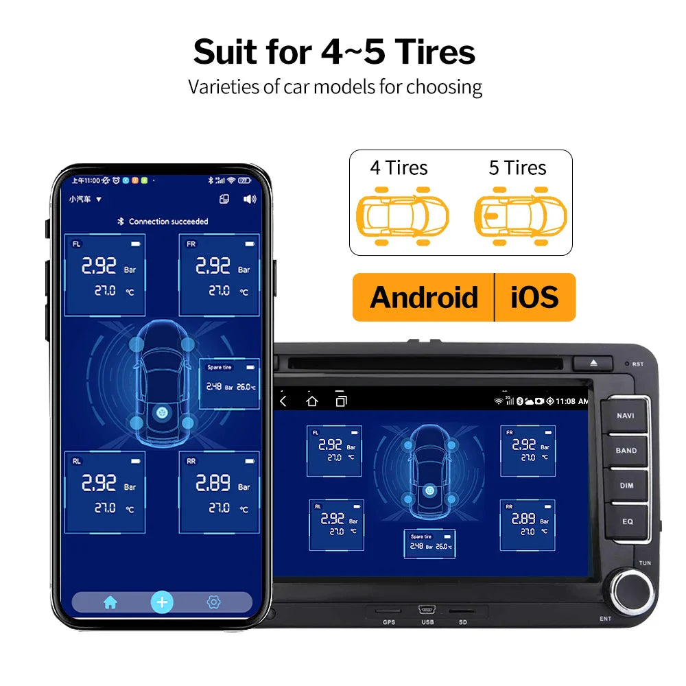 Deelife Car TPMS – Tire Pressure Monitoring System for Android and iOS with Bluetooth BLE Sensors for 4-5 Wheels