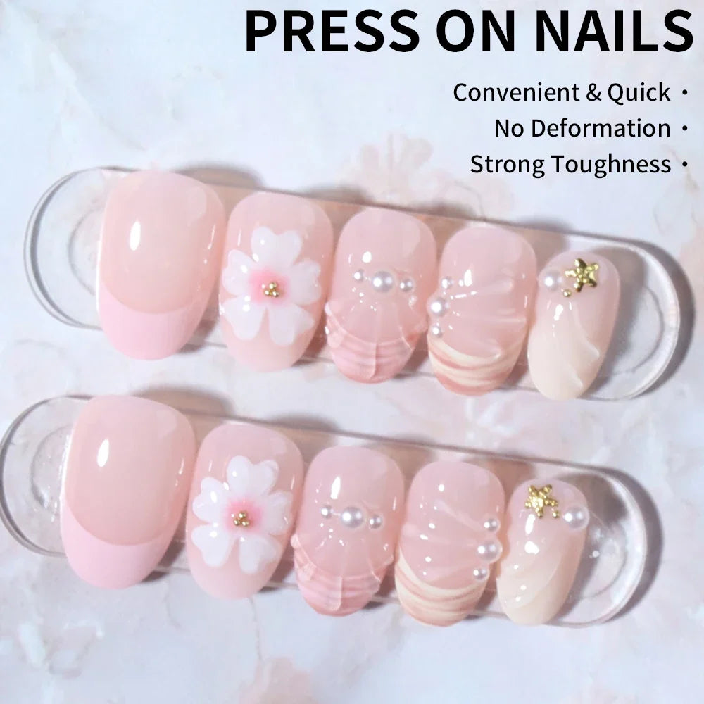 24pcs Short Oval 3D Gel Nail Stickers - Pearl Flower French Acrylic Press-On Nails for Easy Nail Art