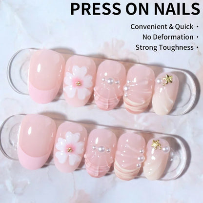 24pcs Short Oval 3D Gel Nail Stickers - Pearl Flower French Acrylic Press-On Nails for Easy Nail Art