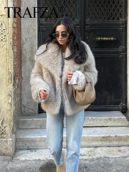 TRAF 2024 Women's Cropped Faux Fur Jacket – Chic Lapel Collar, Long Sleeve, Front Snap-Button Thick Coat