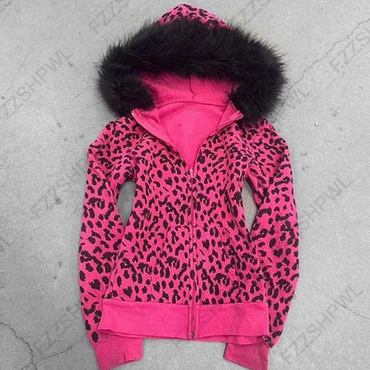 Y2K Harajuku Women's Fur Collar Hoodie – Slim Chic Solid Color Cardigan Sweatshirt, Goth Punk Streetwear