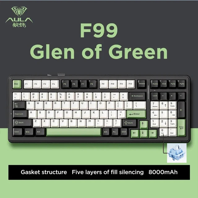 AULA F99 99-Key Gaming Mechanical Keyboard – Wired, 2.4G Wireless, Bluetooth, Hot-Swappable PBT Gasket RGB for Gaming & Typing