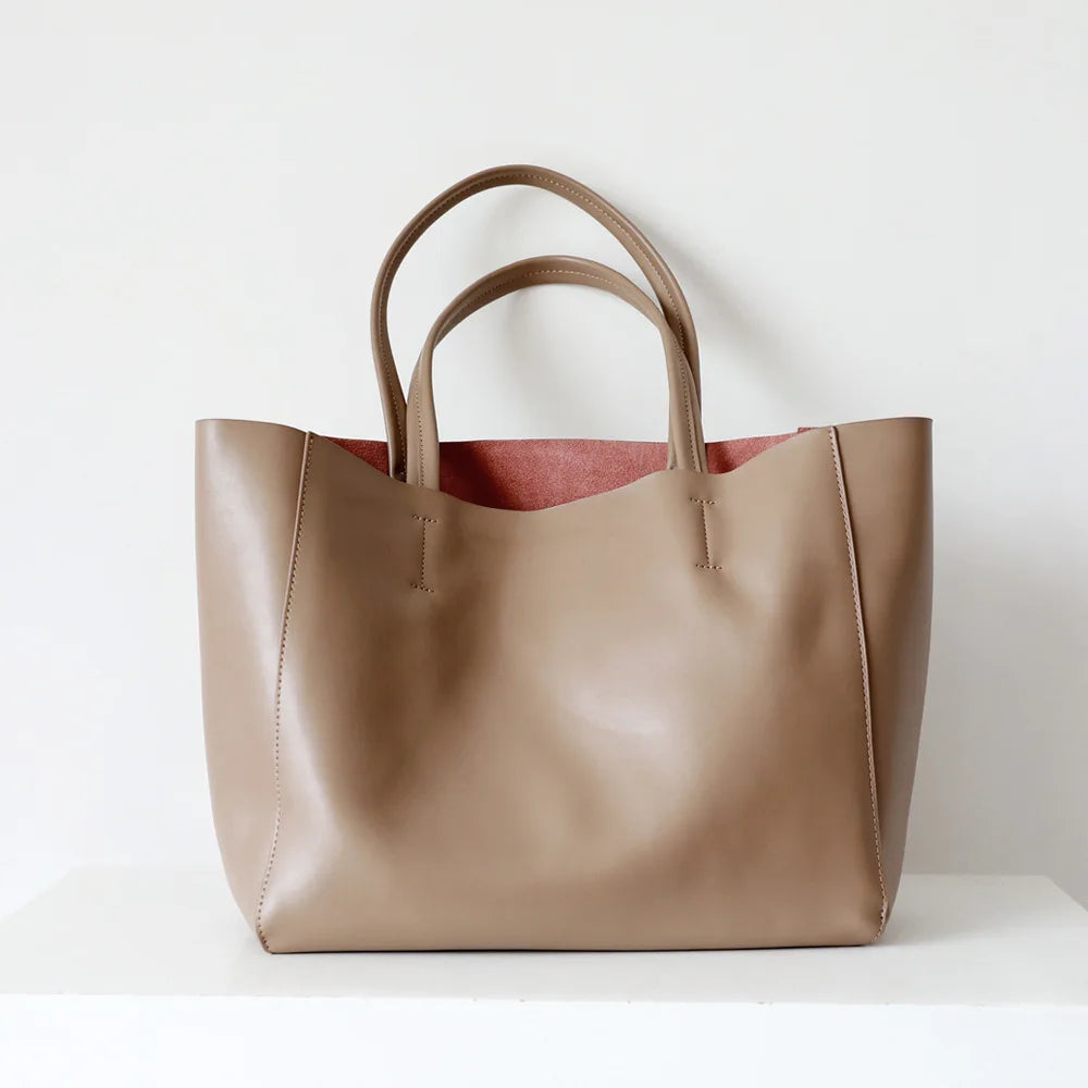 Customizable Name Large Capacity Commuter Bag – 100% Genuine Leather Soft Tote, Single Shoulder & Diagonal Shopping Bag