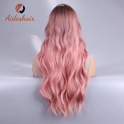 Long Body Wave Ombre Black Pink Cosplay Wigs: Heat Resistant Synthetic Wigs with Middle Part - Natural Lolita Wigs for Women