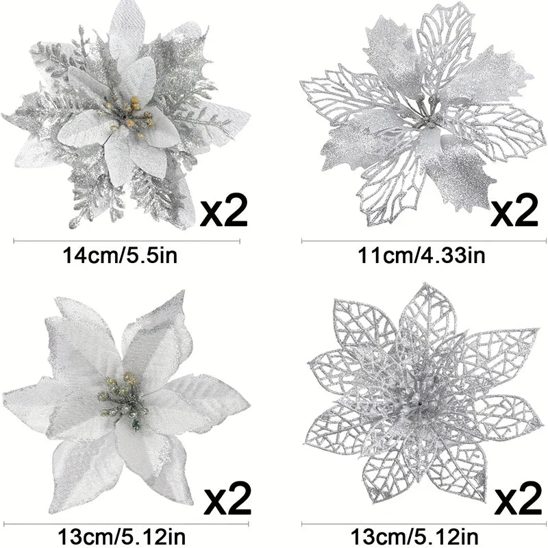 8/16PCS Christmas Decoration Set – Glitter Artificial Flowers for Tree, Home Decor, Xmas Ornaments, and New Year Decoration