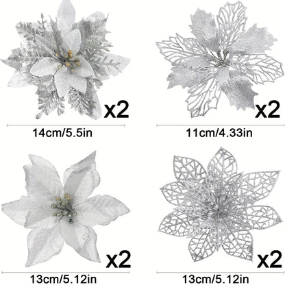 8/16PCS Christmas Decoration Set – Glitter Artificial Flowers for Tree, Home Decor, Xmas Ornaments, and New Year Decoration
