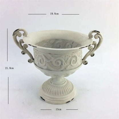 Old Goblet Antique Flower Vase – White Retro European Iron Table Arrangement Container with Handles
