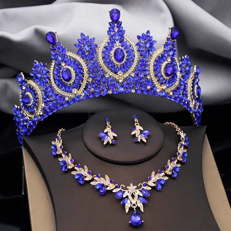 Rhinestone Bridal Tiara Jewelry Set - Wedding Crown with Necklace and Earrings for Women