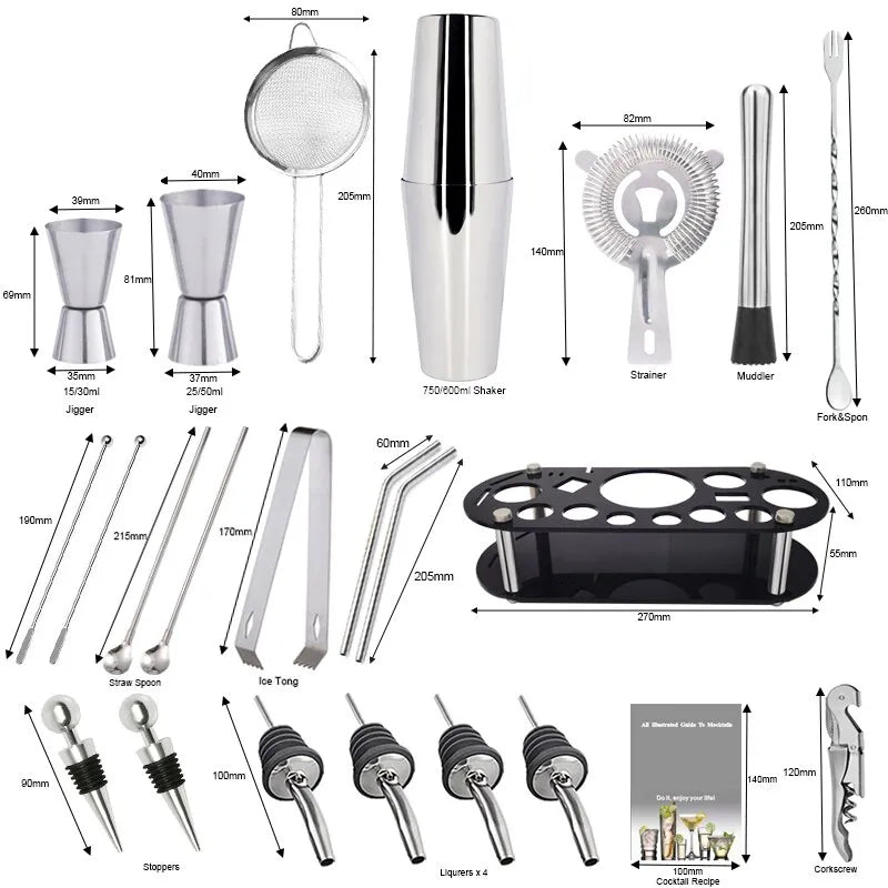 13-22Pcs Boston Cocktail Shaker Set - 750ml & 600ml Bar Tools, Wine Mixer Kit with Holder - Professional Bartender Tool Kit