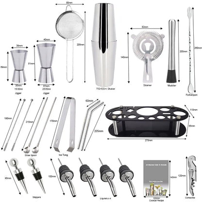 13-22Pcs Boston Cocktail Shaker Set - 750ml & 600ml Bar Tools, Wine Mixer Kit with Holder - Professional Bartender Tool Kit