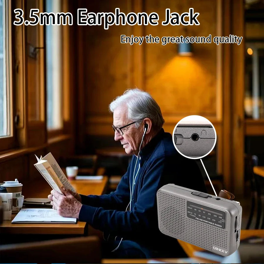 Mini FM/AM Two-Band Radio — 1W Loud Speaker with 3.5mm Headphone Jack & 180° High-Performance Antenna for Home Use