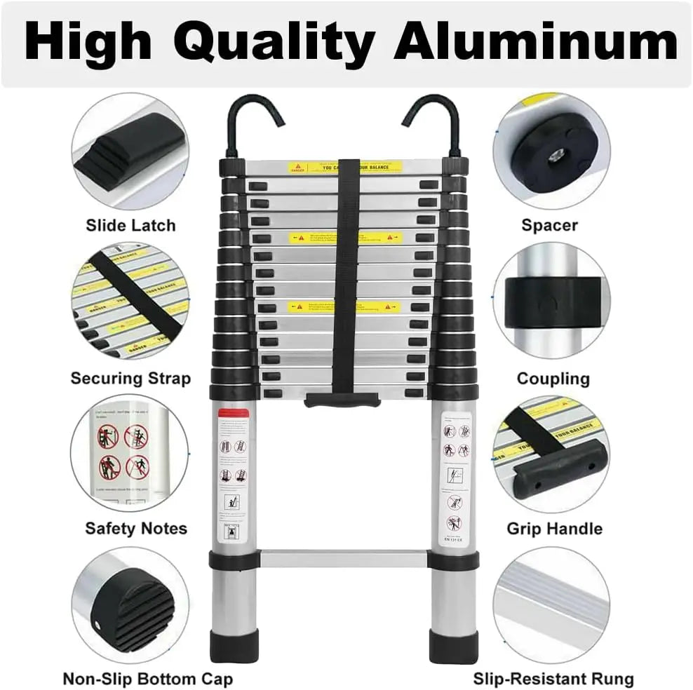 DayPlus 6.2M Multi-Purpose Telescopic Ladder — Aluminum Folding Extendable Ladder with Removable Hook, Non-Slip, 150kg/330lb Capacity