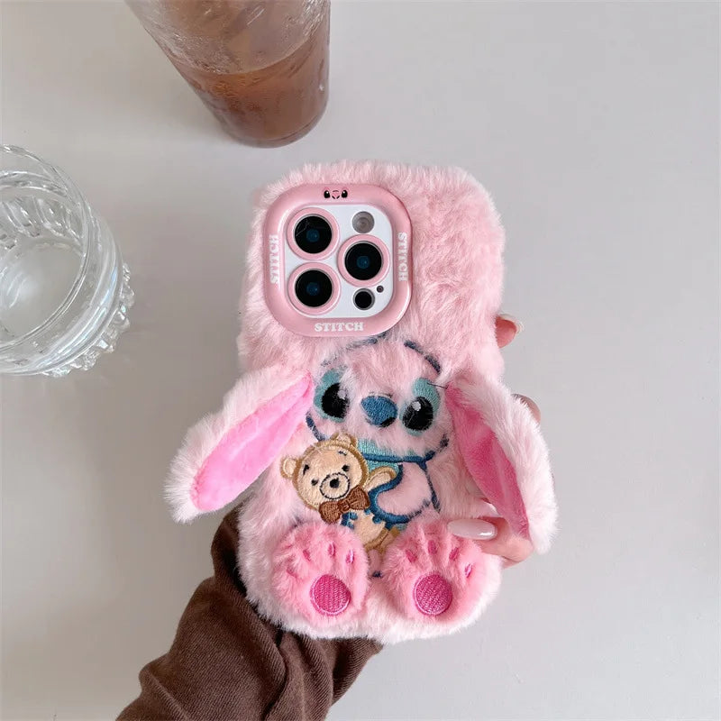 3D Cute Stitch Ear Plush Phone Case – Fluffy Shockproof Cover for iPhone 13–17 Pro Max & Plus