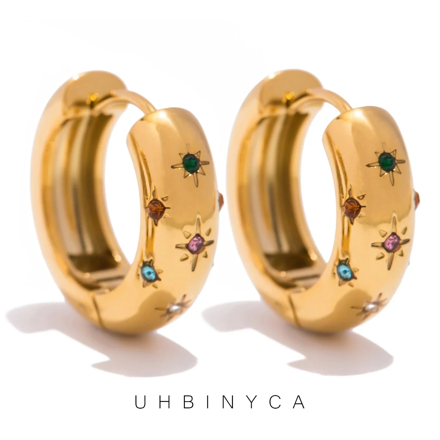 UHBINYCA Classic Zircon Inlaid Hoop Earrings — 18K Gold-Plated Stainless Steel, Elegant Jewelry for Women
