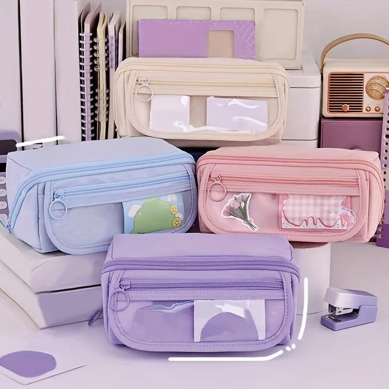 Large Capacity Multi-Compartment Pencil Case Organizer – Desktop School & Office Storage Bag in Pink, Purple & Black