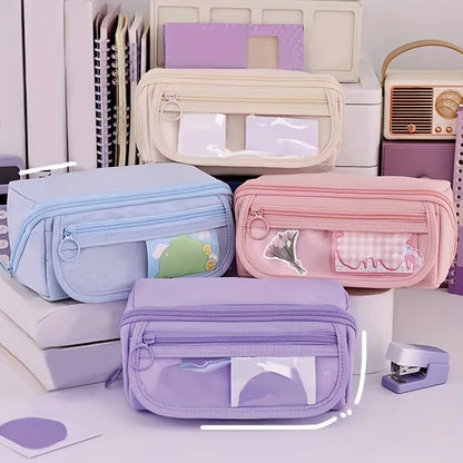 Large Capacity Pencil Case Organizer - Multi Compartment School & Office Supply Storage Bag in Pink Purple Black