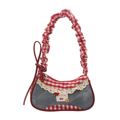 Fashion Grid Lace Shoulder Bag - Stretchable Ribbon Strap Underarm Handbag for Women, Students & Daily Commuting