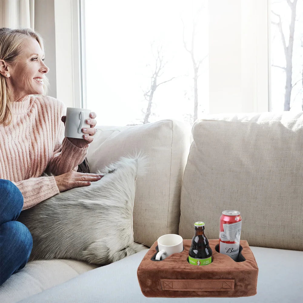 Sofa Cup Holder Pillow – Couch Arm Table Drink Caddy with Remote Holder for Sofa, Bed, RV & Car