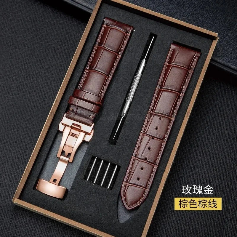 Universal Genuine Leather Watch Band 12–24mm with Butterfly Clasp – Premium Strap for Men & Women (Gift Box Included)