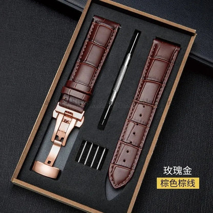 Universal Genuine Leather Watch Band 12–24mm with Butterfly Clasp – Premium Strap for Men & Women (Gift Box Included)