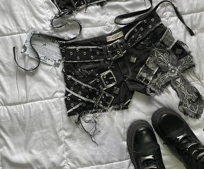 2025 Y2K Gothic Denim Two-Piece Set — Women’s Harajuku Pleated Mini Skirt Streetwear Outfit