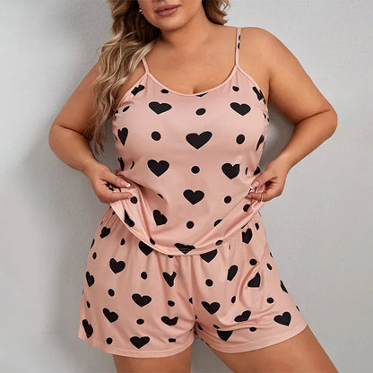 Plus Size Women’s Pajama Set — Sleeveless Heart Print Top & Elastic Waist Shorts, XL–XXXL Sleepwear Nightwear