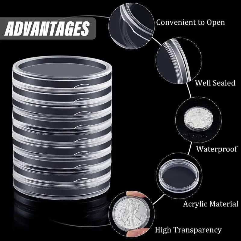 Coin Capsules Storage Box - Clear Plastic Holders for 21/23/25/30/32/38/40/45mm Coins