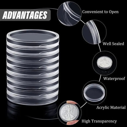 Coin Capsules Storage Box - Clear Plastic Holders for 21/23/25/30/32/38/40/45mm Coins