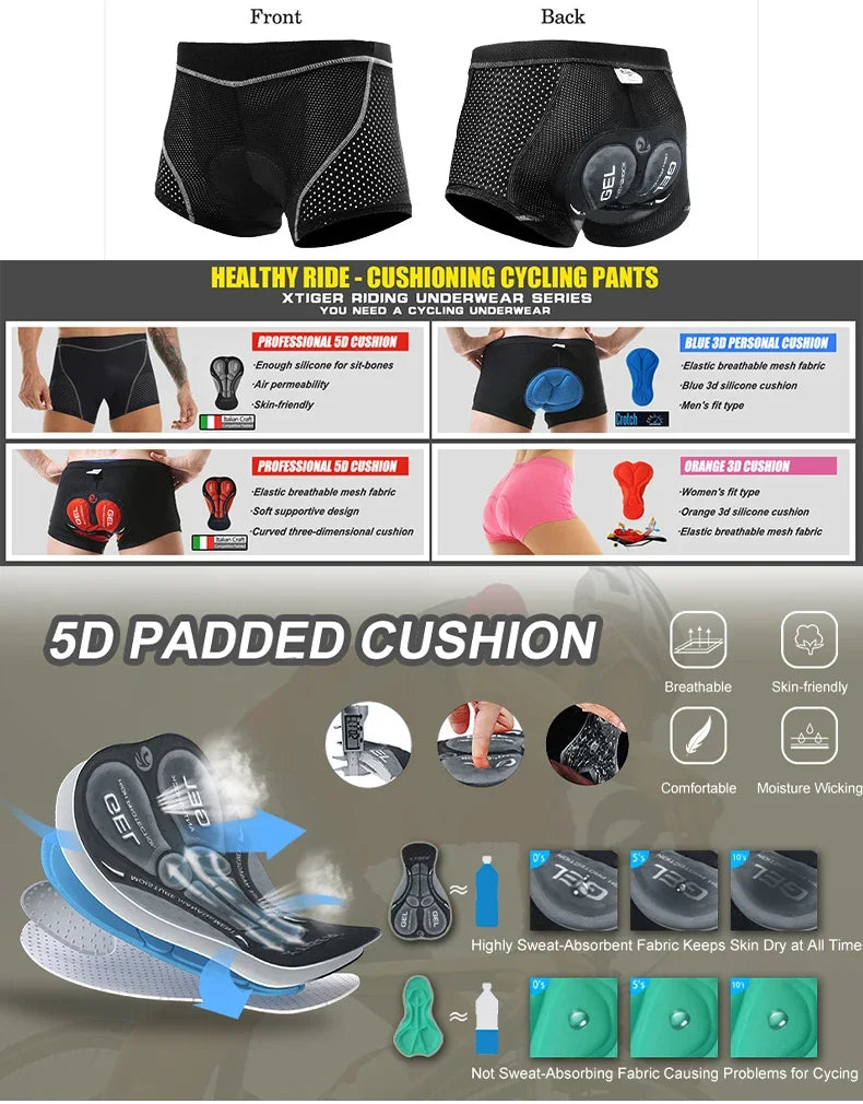 X-TIGER Men’s Cycling Underwear Shorts – 5D Gel Pad, Breathable Non-Slip Bike Shorts for MTB & Road Cycling