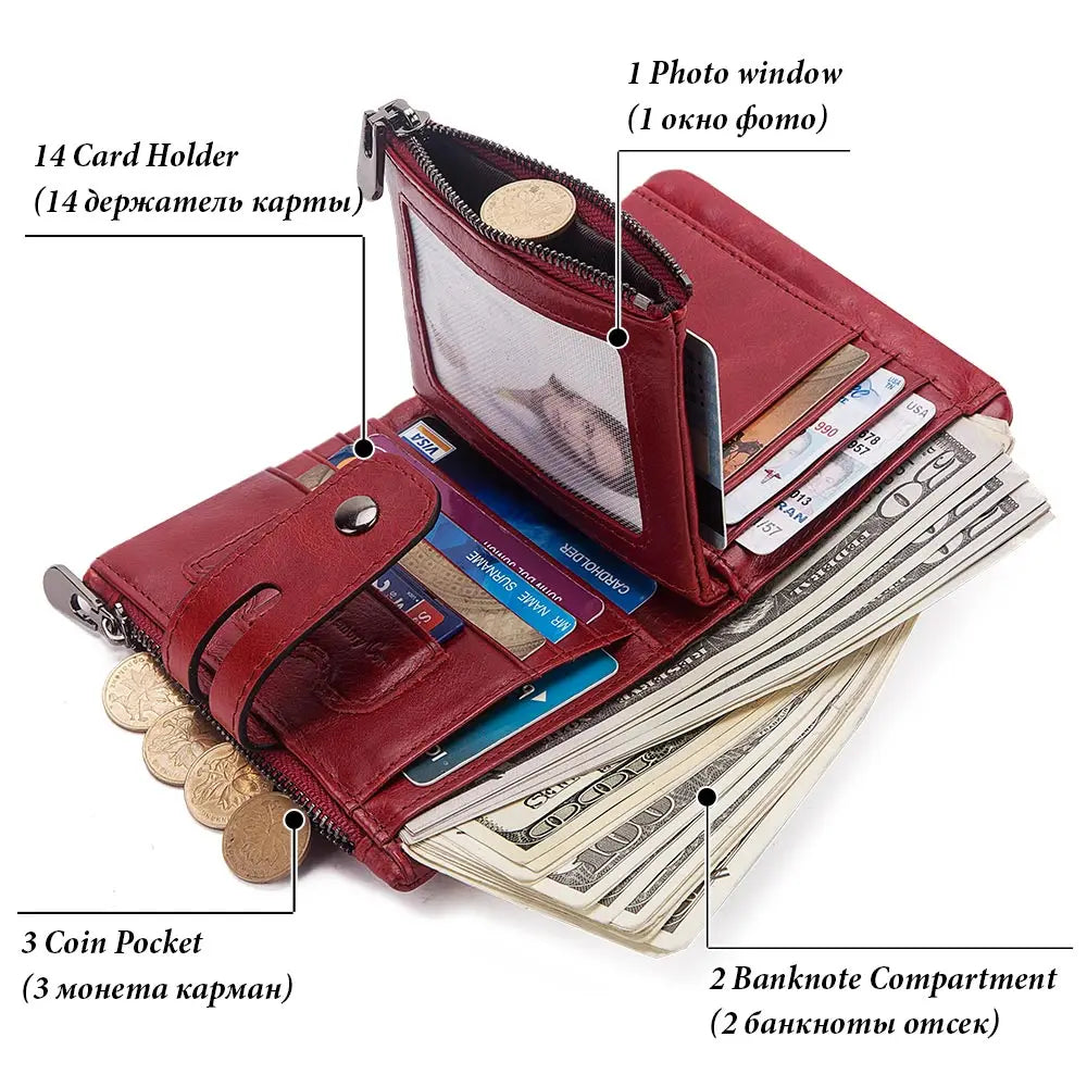 Fashion Women’s Leather Wallet — Genuine Leather Clutch with Hasp & Double Zipper, Short Coin Pocket and ID Card Holder Purse