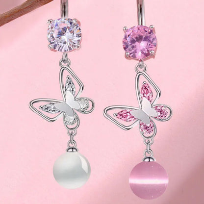 G23 Titanium Belly Button Ring - Zircon Butterfly Heart Dangle Navel Piercing Jewelry for Women 14G Sexy Style