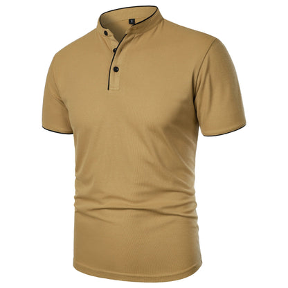 Men's Solid Color Stand Collar T-Shirt - Casual Short-Sleeved Top