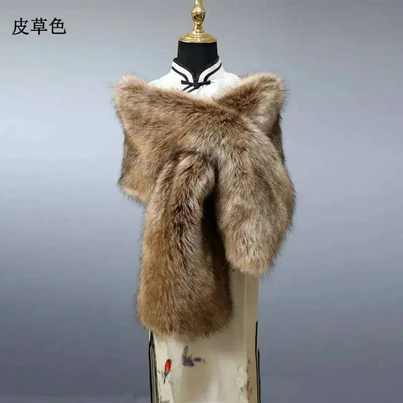 32-Color Luxury Faux Fox Fur Shawl – Women’s Plush Winter Scarf, Wrap & Cape for Wedding & Coat