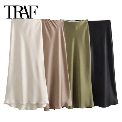 TRAF Women’s 2024 Satin Skirt — High Waist Black Midi Summer Skirt, Elegant Office Long Skirt for Women