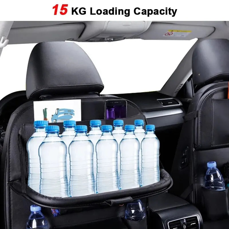 Car Seat Back Organizer with Foldable Table Tray – PU Leather Storage Organizer with Pockets & Kick Mats