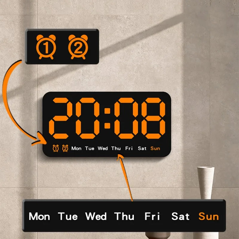 Voice Control Large Digital Wall Clock – LED Display with Temperature, Date, Week, DST, Snooze, Dual Alarm, 12/24H, Wall-Mounted or Table Use