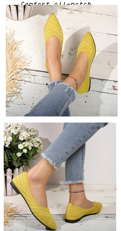 Women’s Solid Color Pointed Toe Knitted Slip-On Flats – Casual Breathable Ballet Loafers