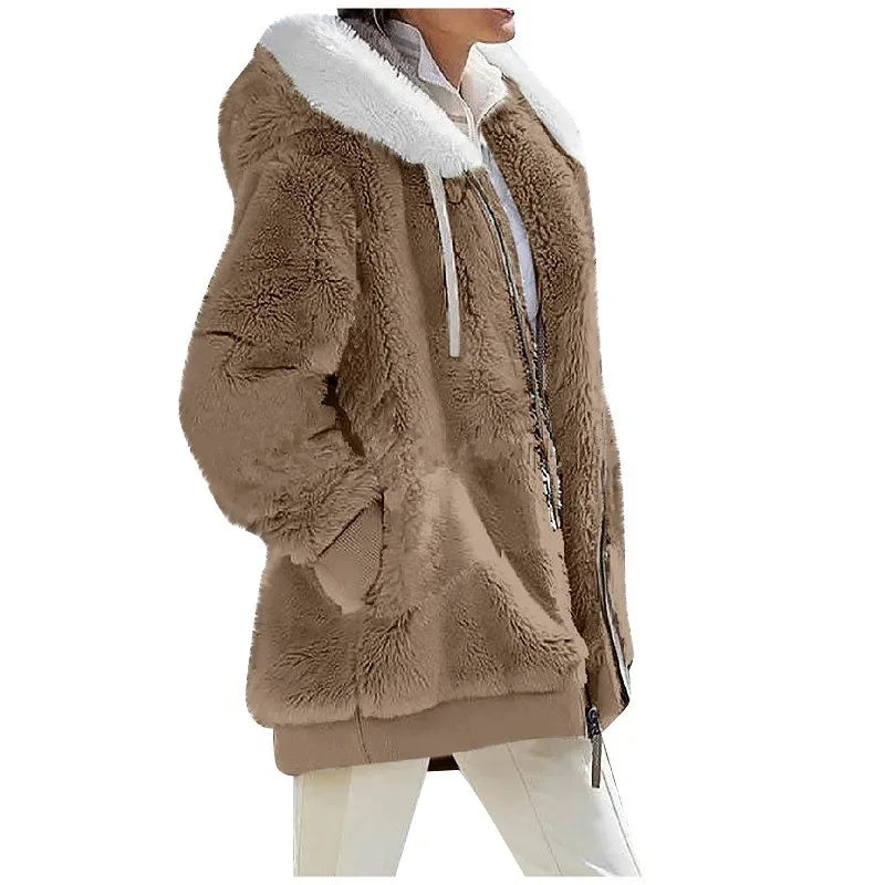 Autumn Winter Women's Hooded Coat – Casual Zipper Cashmere Fleece Jacket Solid Color Ladies Outerwear