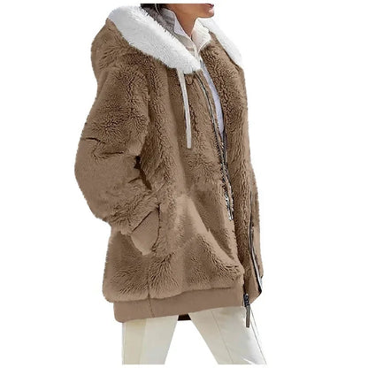 Autumn Winter Women's Hooded Coat – Casual Zipper Cashmere Fleece Jacket Solid Color Ladies Outerwear