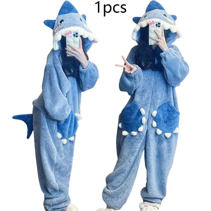 Cartoon Cute Shark Women's Hooded Sleepwear – Unicorn Kigurumi Winter Cosplay Pajama Jumpsuit, Christmas Party Loungewear