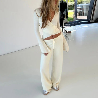 Women’s Vintage Lounge Set – 2-Piece V-Neck Tie T-Shirt & Elastic Waist Pants, Autumn Long Sleeve Crop Top Outfit