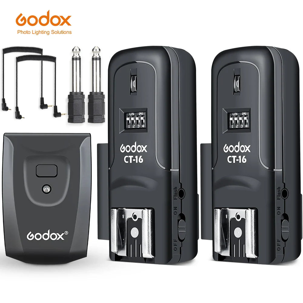Godox CT-16 Wireless Radio Flash Trigger Set — 16 Channels Transmitter + 2 Receivers for Canon, Nikon, Pentax Speedlite