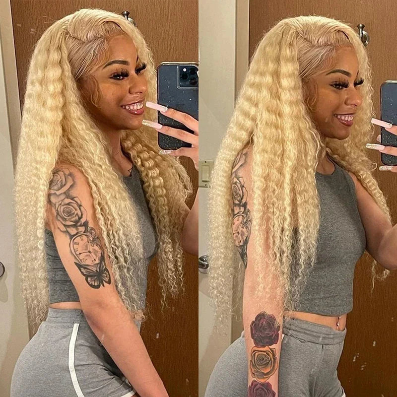 Brazilian Deep Wave 13x6 HD Lace Frontal Human Hair Wig – 30–40 Inch Curly Honey Blonde 613, Affordable Women’s Wig Clearance Sale