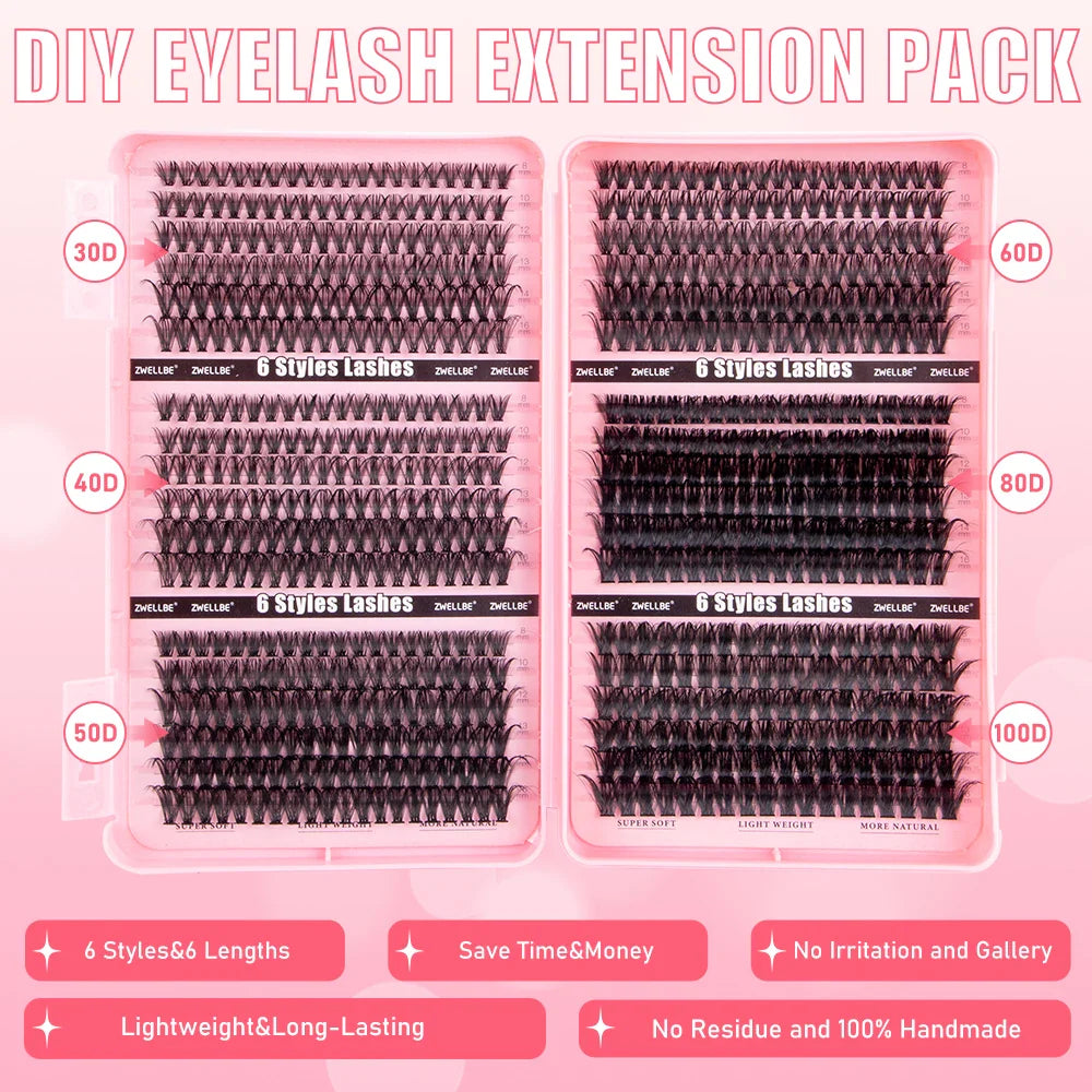 780pcs Eyelash Clusters Kit – 8-16mm Extension with Bond & Seal, Remover, Applicator for DIY Home Makeup